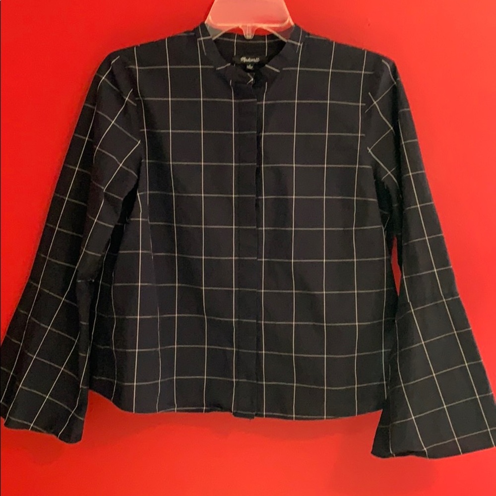 Madewell Windowpane Navy Blue Bell Sleeve Shirt